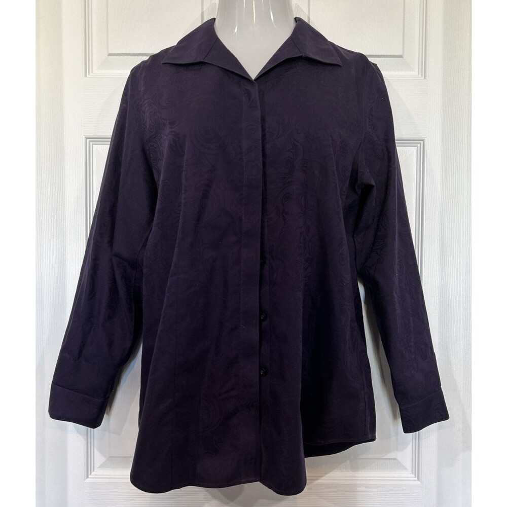 Chico's 2 No Iron Blouse Women's Purple Cotton Button L 12 14 Baroque Pattern